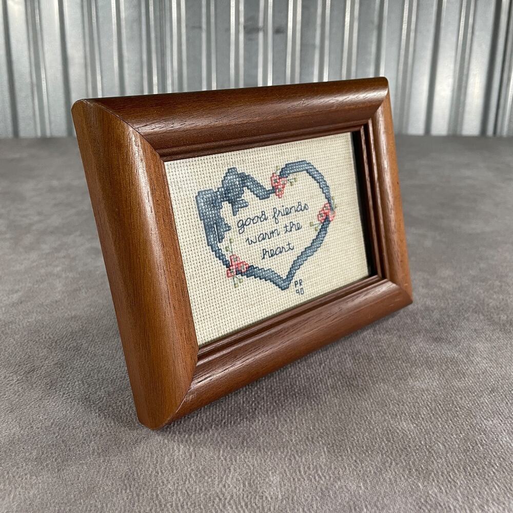 1990 Framed Cross Stitch Art Good Friends Warm the Heart Wood Grandma Decor
